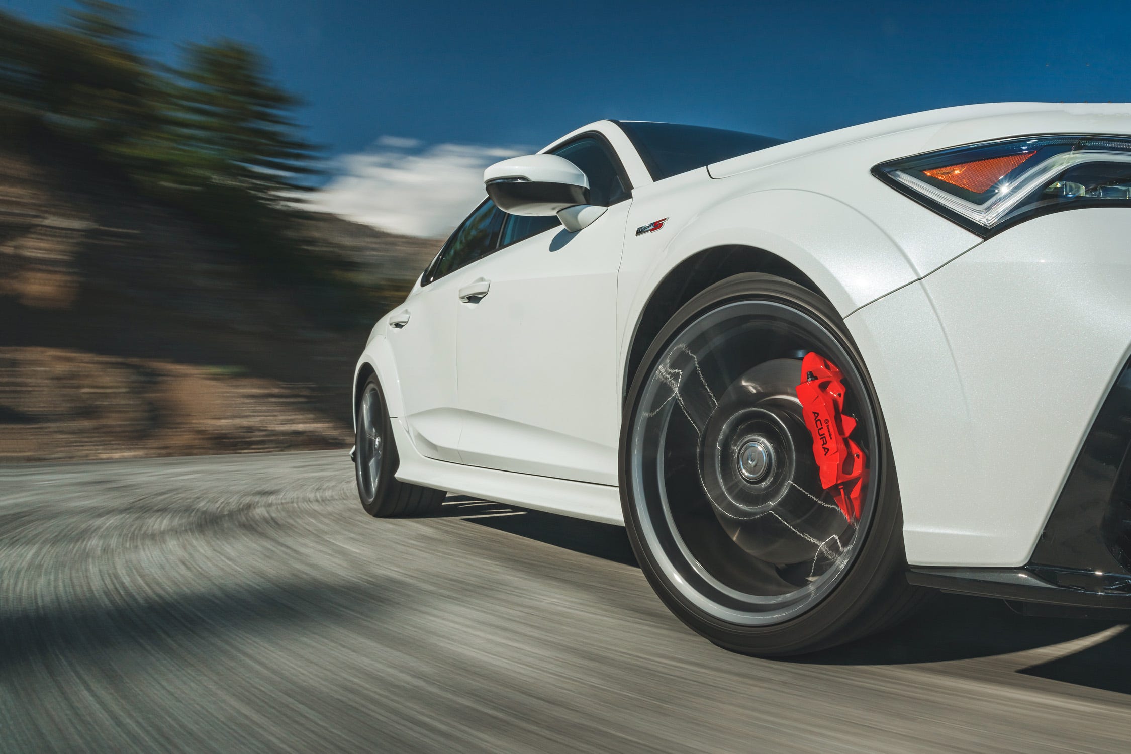 The 2024 Acura Integra Type S features four-piston Brembo front calipers and two-piece ventilated rotors. The 19-inch wheels are wrapped with Michelin Pilot Sport 4S summer rubber.